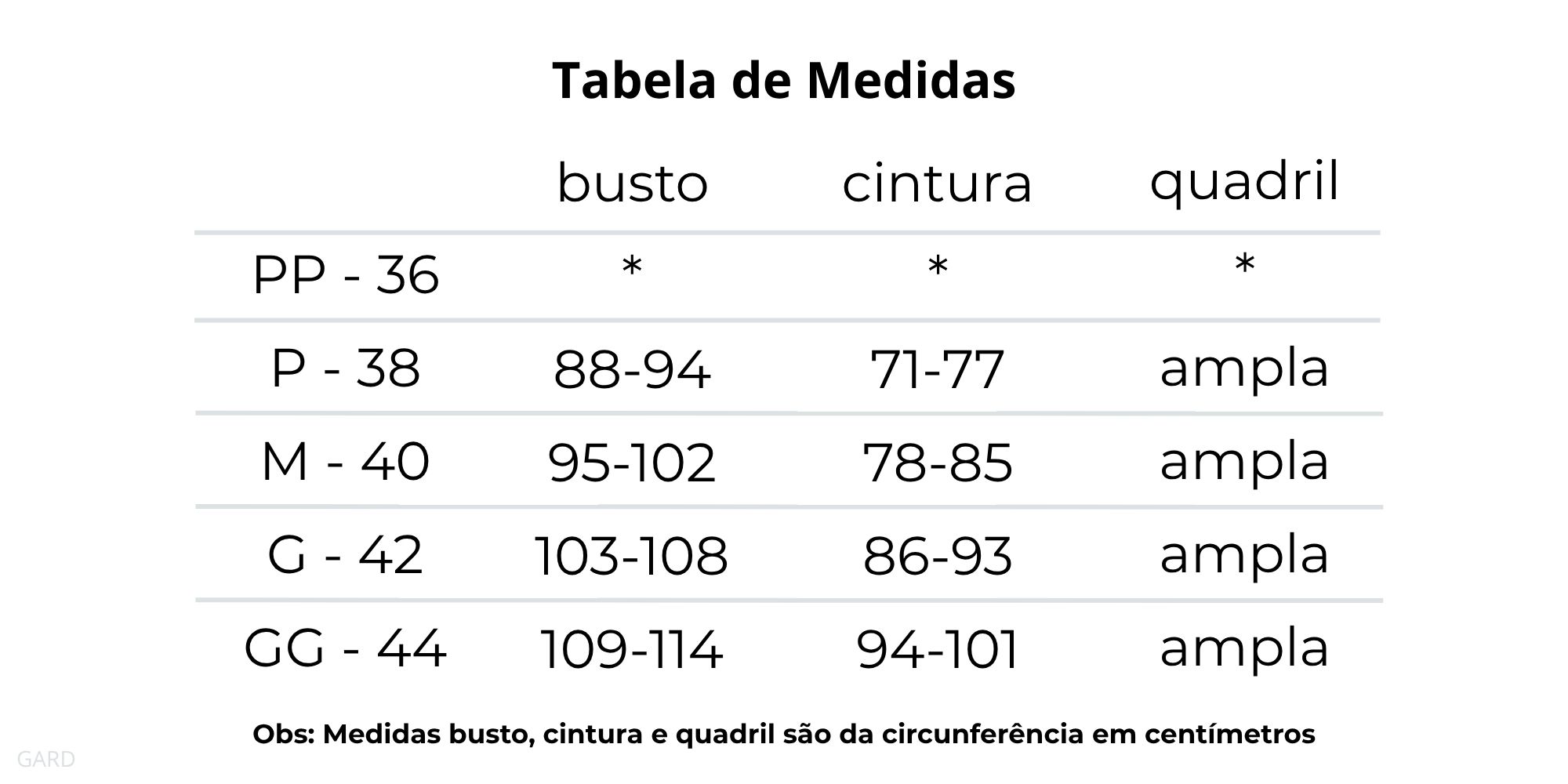 tabela de medidas